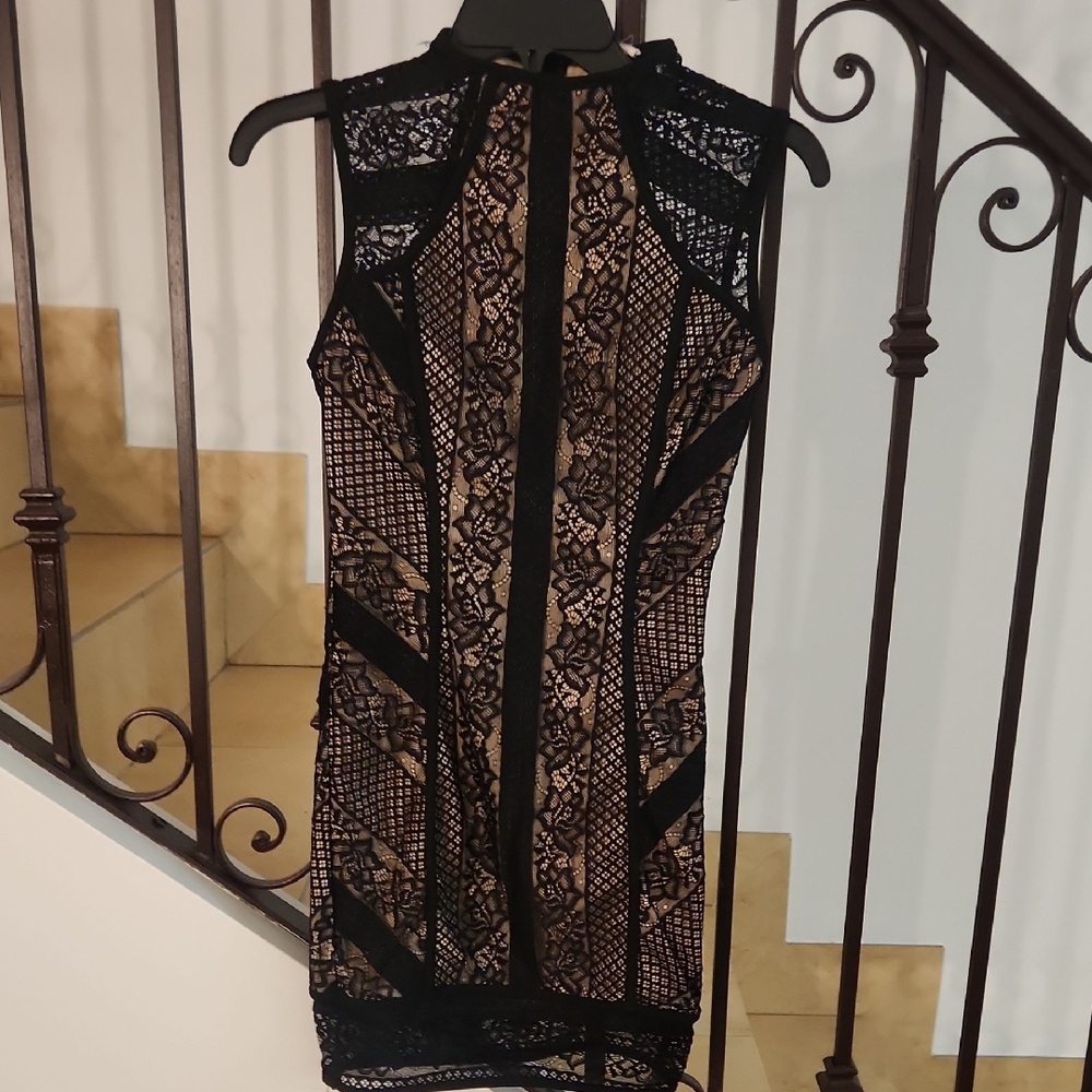 a'gaci Black and Tan Lace Mini Dress